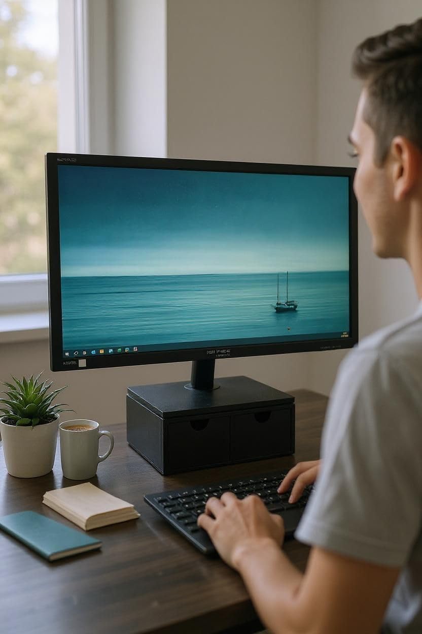 Ergonomic Desktop Monitor Riser Stand with Storage Drawers