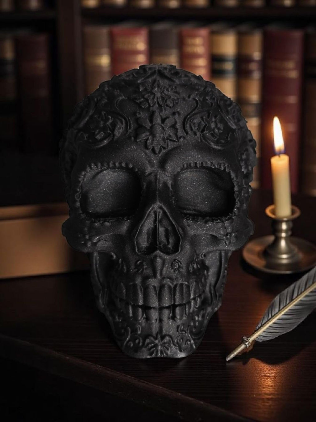 Glossy Black Decorative Skull Statue – Floral Engraved Gothic Skeleton